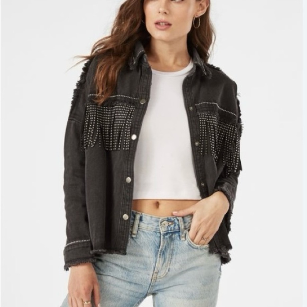 Zara Black Studded Fringe Denim Jacket